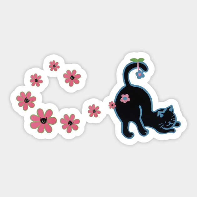 Black cat with pink flowers Sticker by Tapood